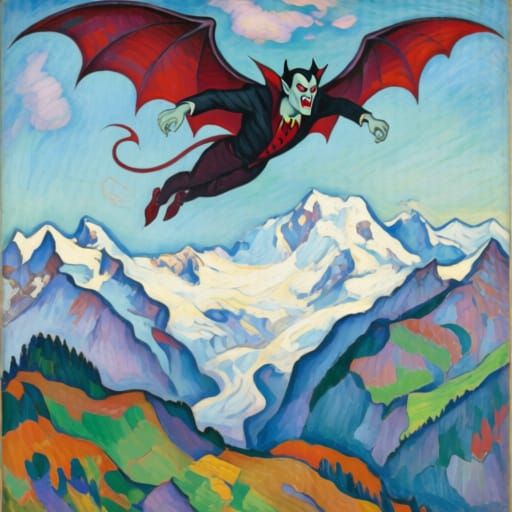 Mighty Vampire Soars Over Swiss Alps in Vrubel Cezanne Style