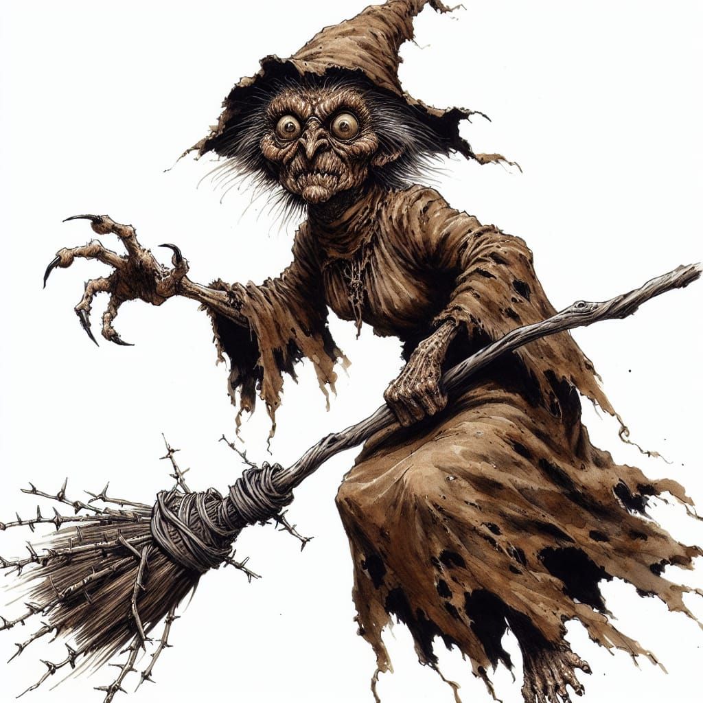 Grotesque Broomstick Witch in Dark Watercolor Ink Style
