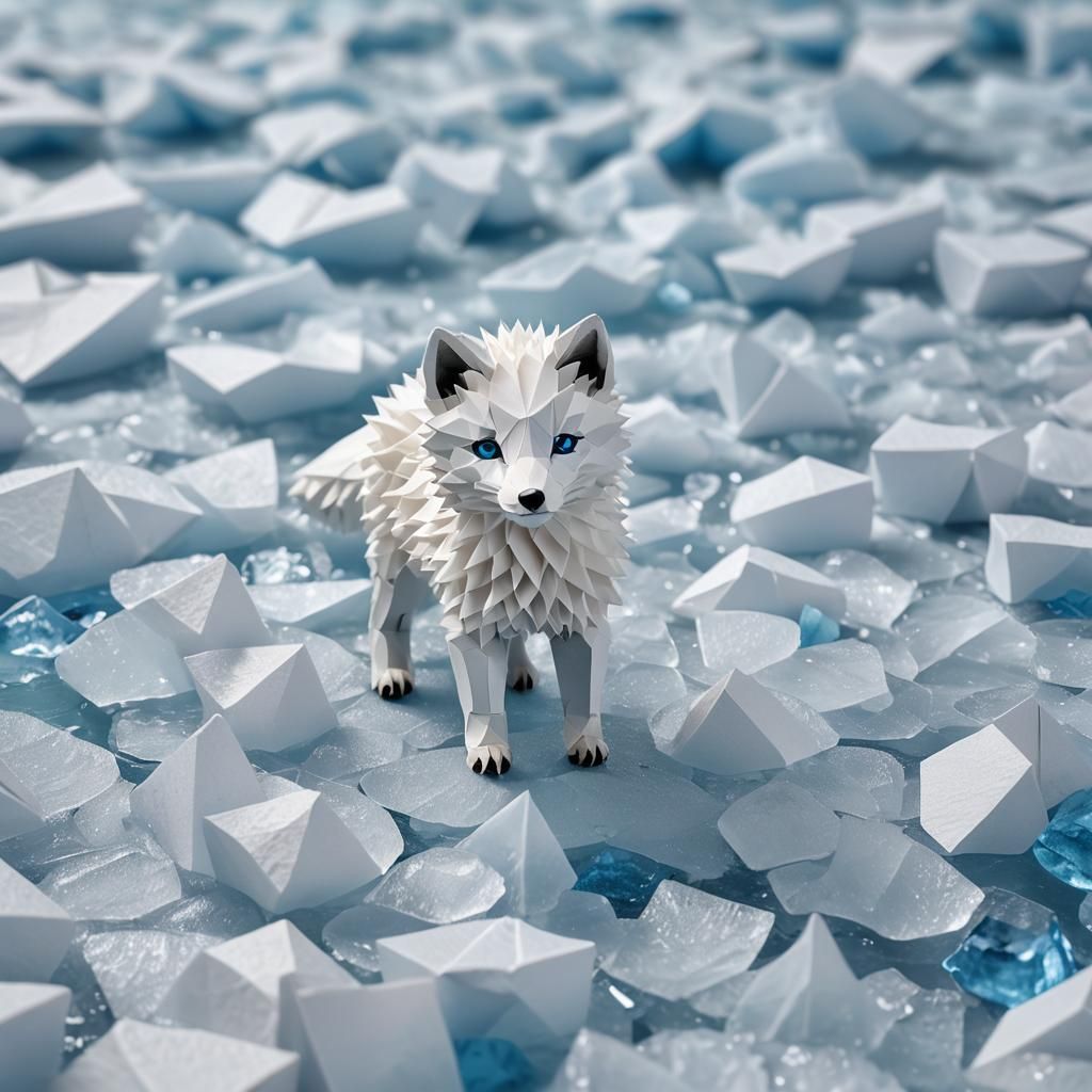 Origami Arctic Fox Cub on Ice