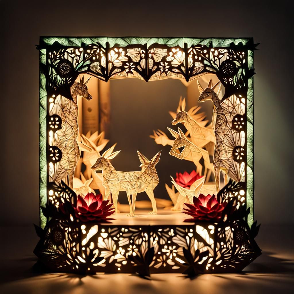 Luminous Origami Diorama: Animals and Flowers