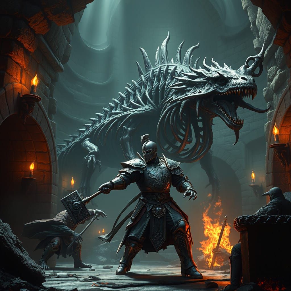 Paladin Battles Dragon Skeleton in Abandoned Wizard's Dungeo...