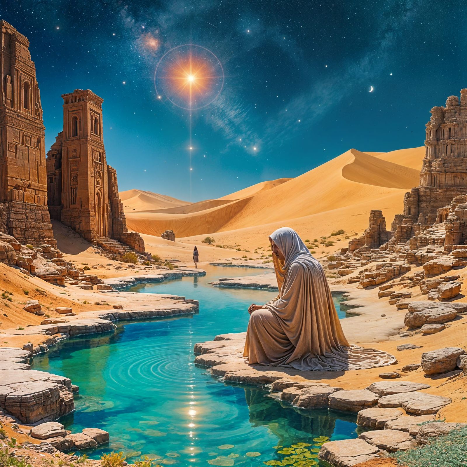 Surreal Desert Oasis with Ancient Ruins
