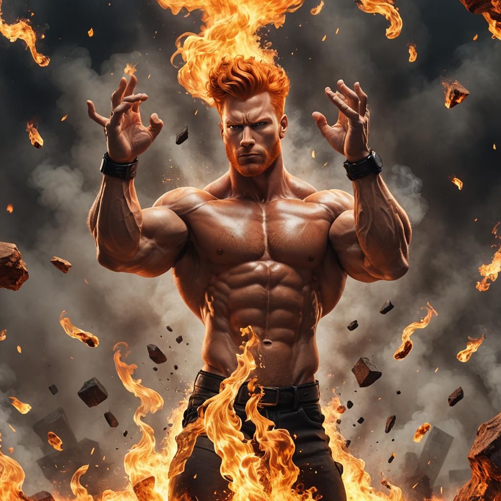 Muscular Ginger Man Controlling Fire in 3D Art