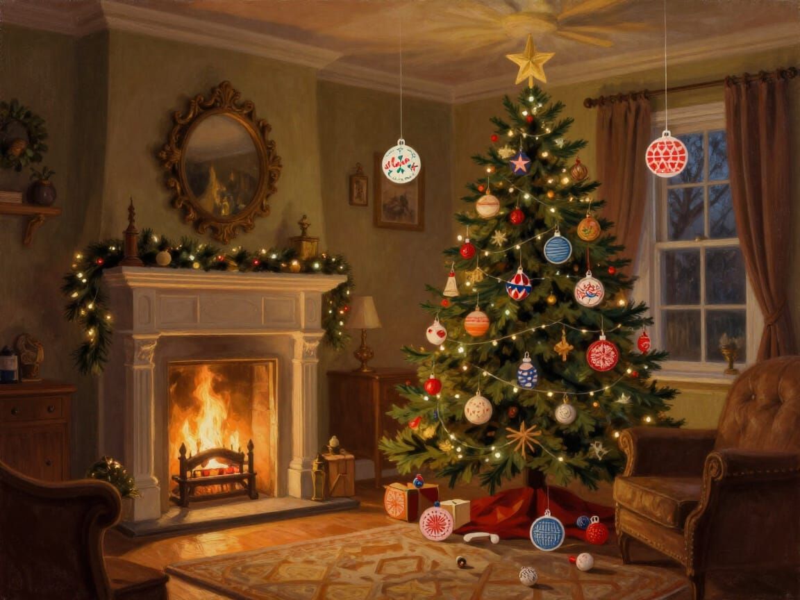 Cozy Victorian Christmas Home in Oil Painting Style