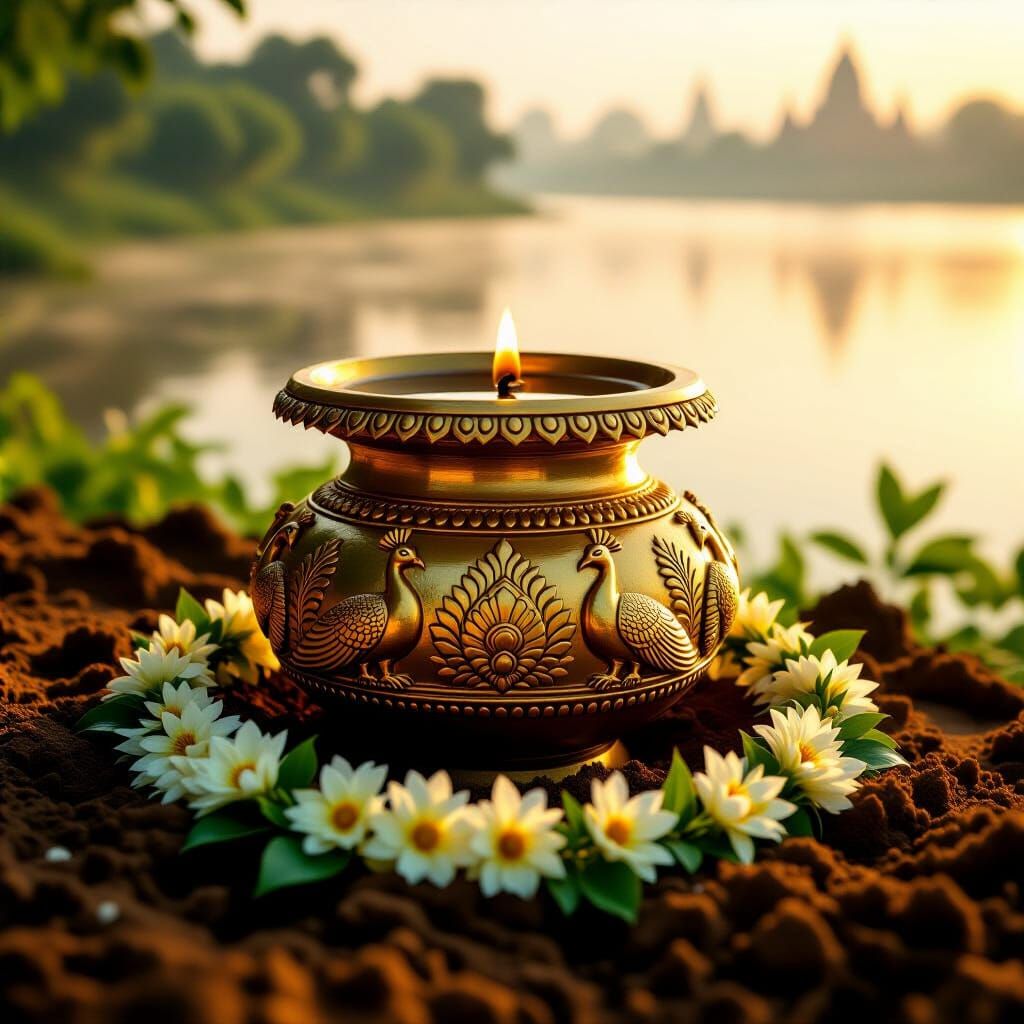Golden Kalasha Vessel in Sunlit Soil Near Yamuna River