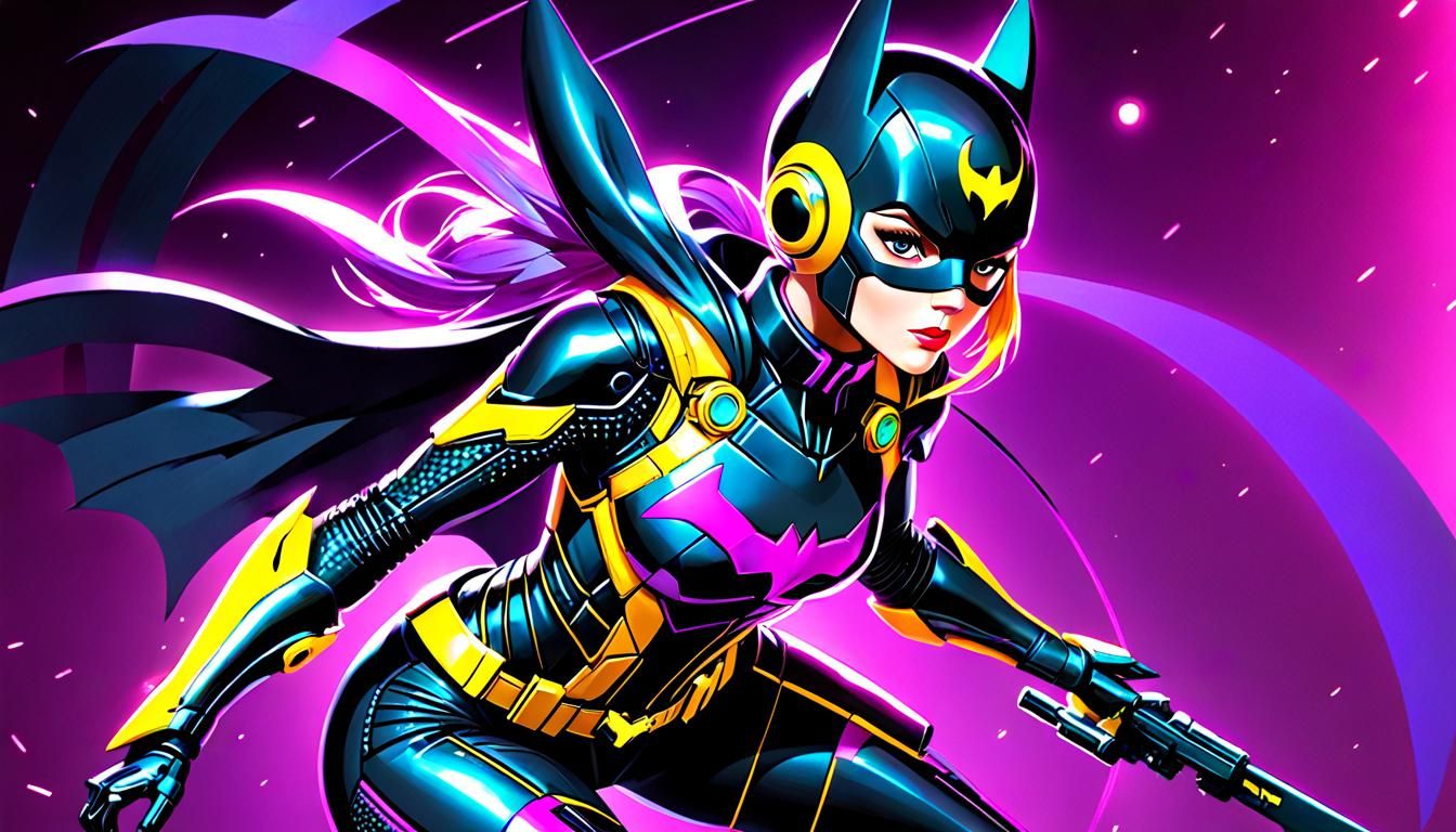 Batgirl in Cyberpunk Armor Flies Through Space