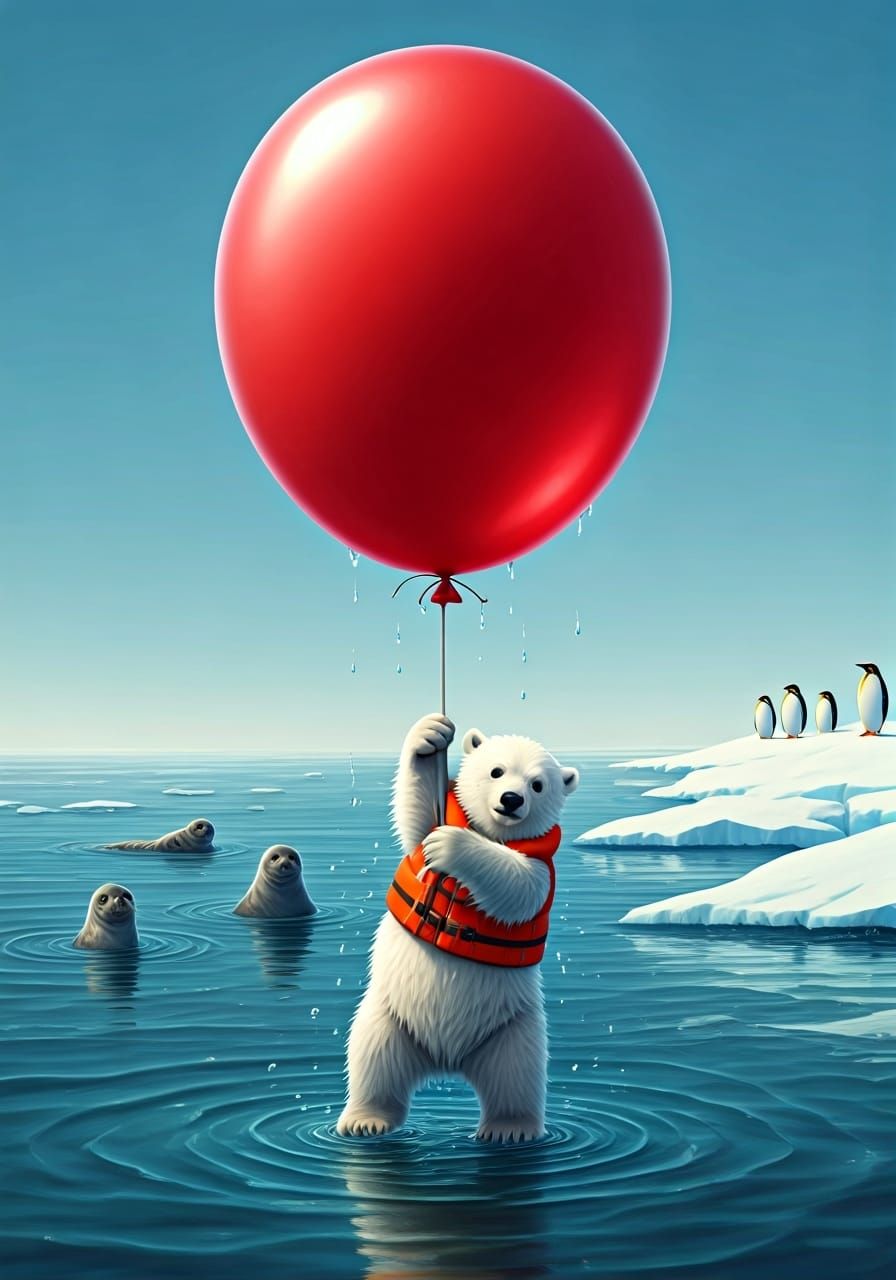 Polar Bear Escapes Icy Sea with Red Balloon