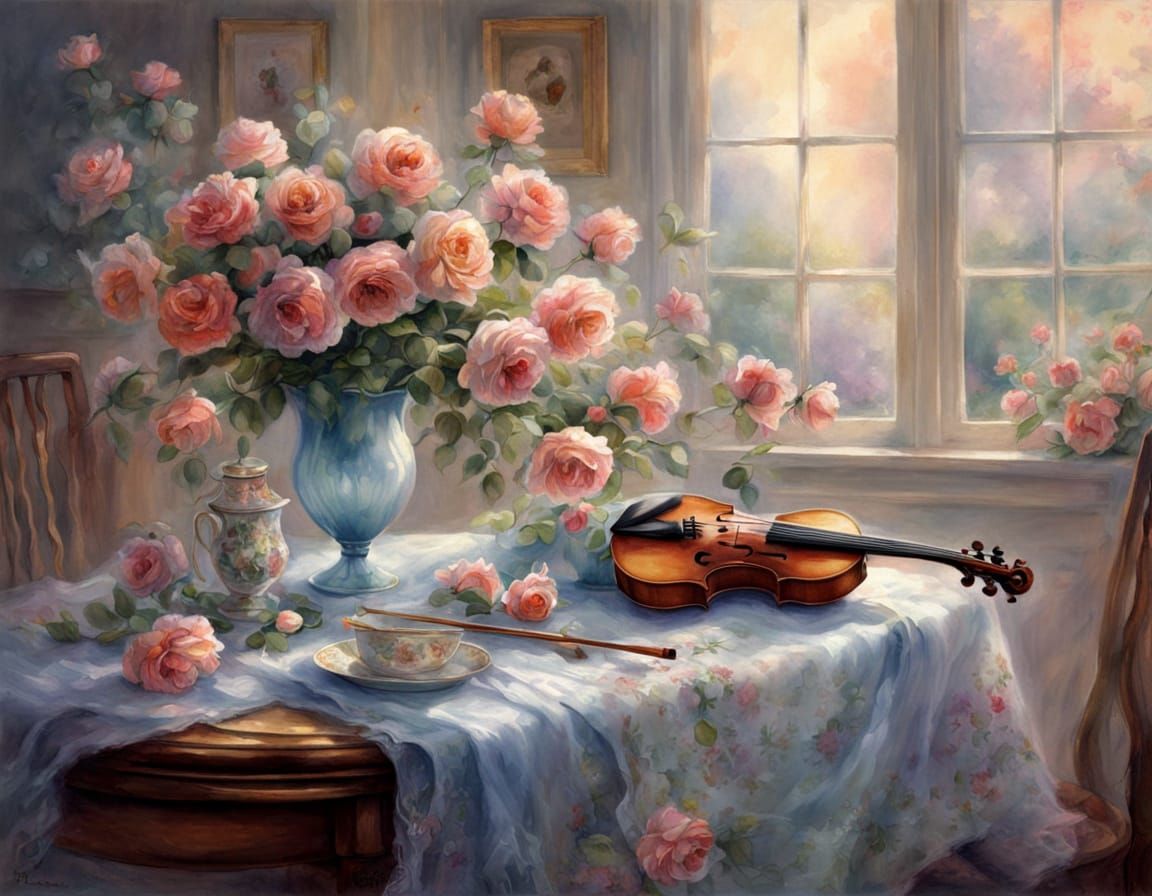 Ethereal Violin and Roses Digital Watercolour Painting