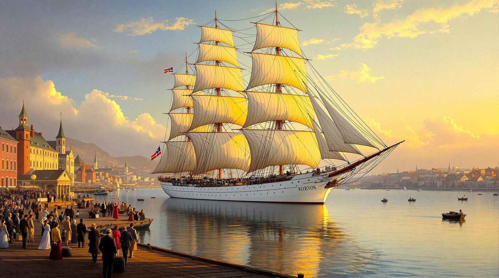 An oil painting depicting the majestic Norwegian full-rigged...