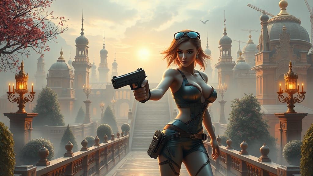 Surreal Sci-Fi Woman with Gun in Fantasy Landscape