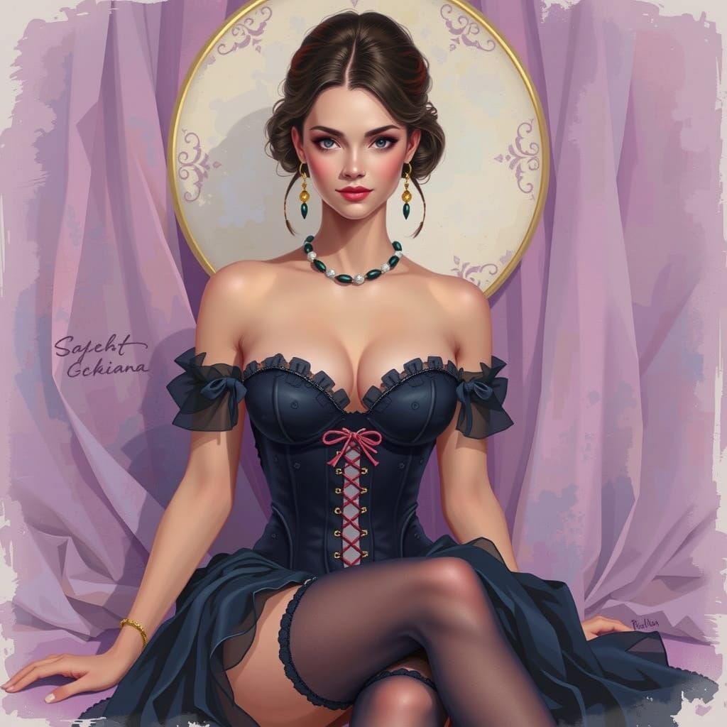 Elegant Woman in Corset: Watercolor Boudoir Portrait