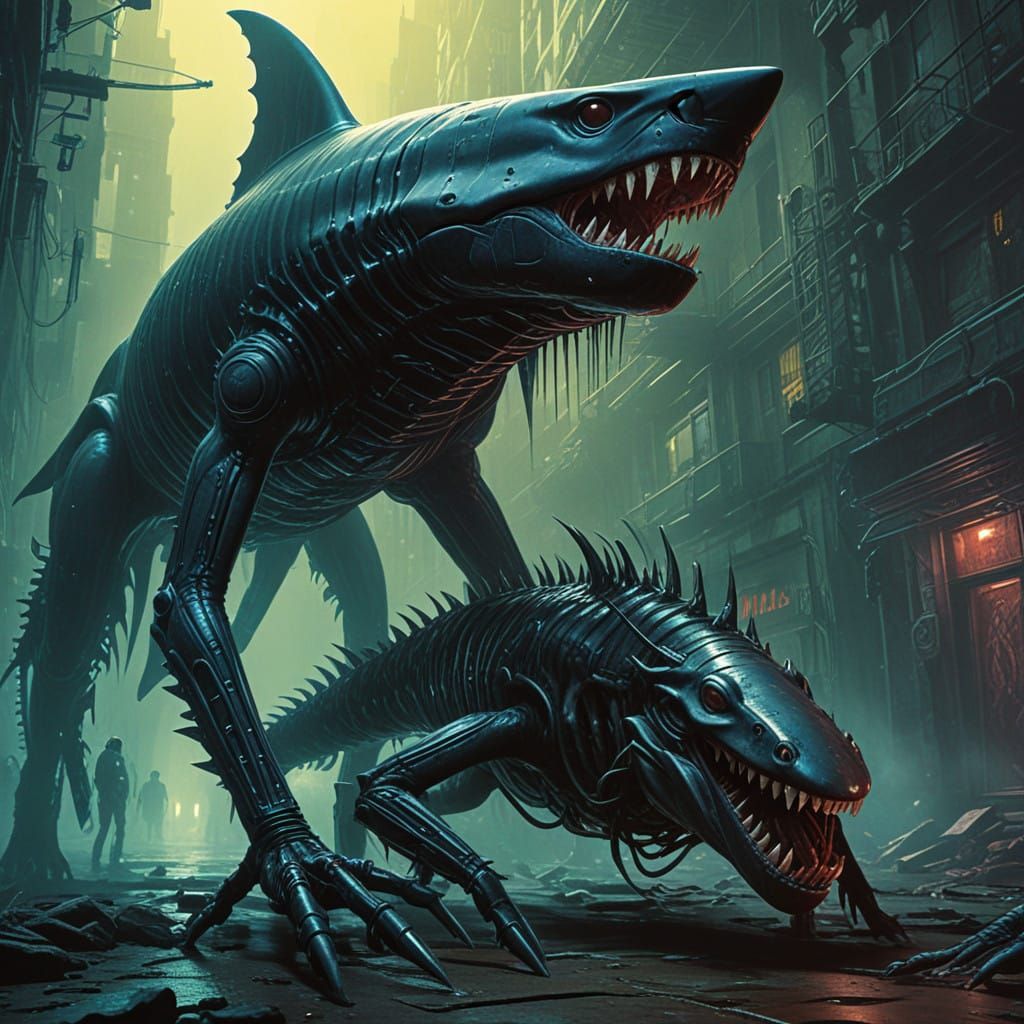 Biomechanical Shark Alien in Neon Bioluminescent Armor