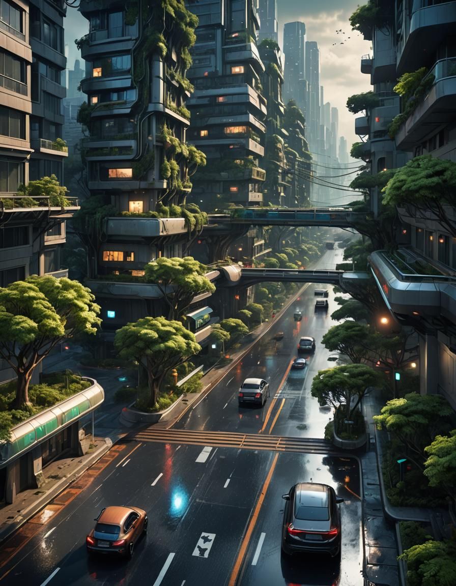 Futuristic Cityscape at Midnight in Detailed Matte Painting