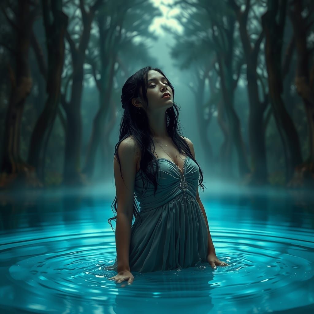 Mystical Woman in Midnight Pond: Dark Fantasy Art