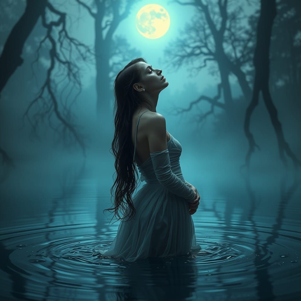 Mysterious Woman in Moonlit Pond: Ethereal Beauty