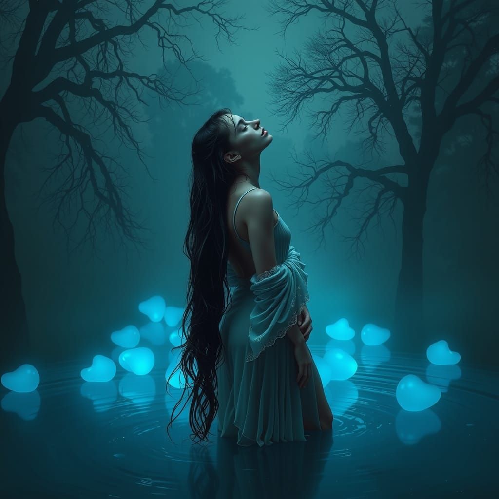 Ethereal Midnight Pond Scene with Woman
