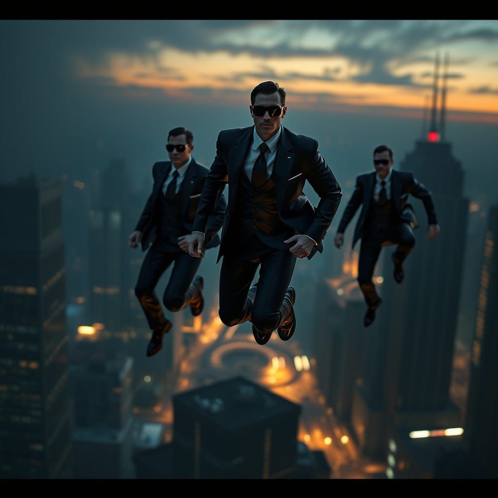Men in Black Hovering in Futuristic Cityscape