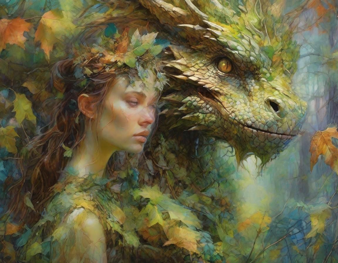 Dryad and Dragon in Mystical Forest: Fantasy Art