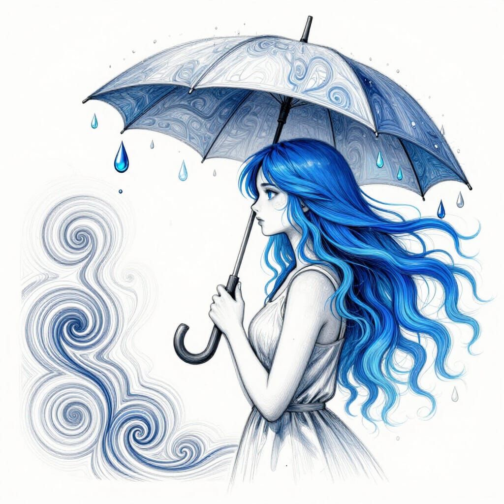 Surreal Blue Haired Woman Dissolving into Rain as Draft Sket...