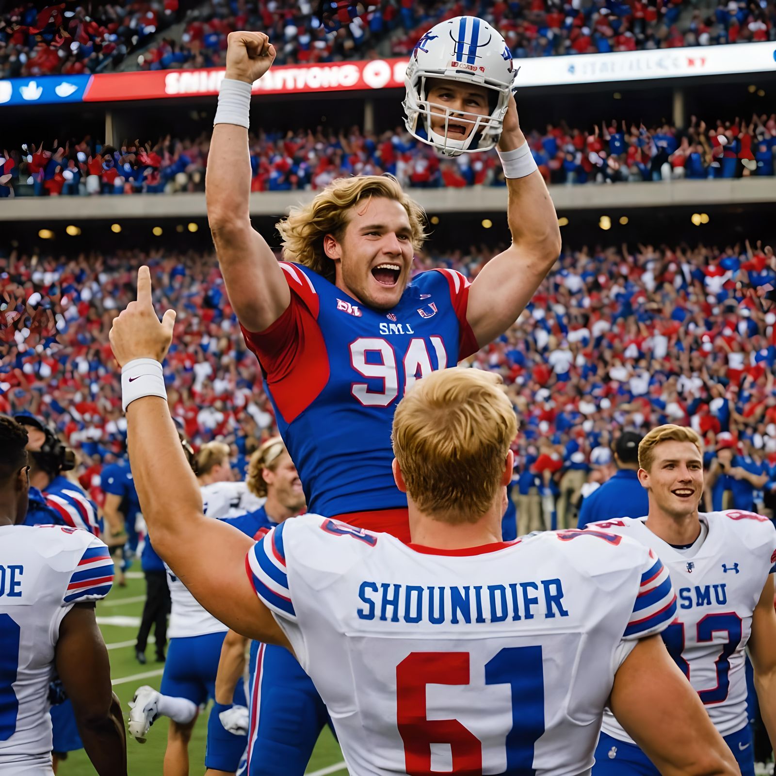 Football Player Celebrates Victory with Cheerleader