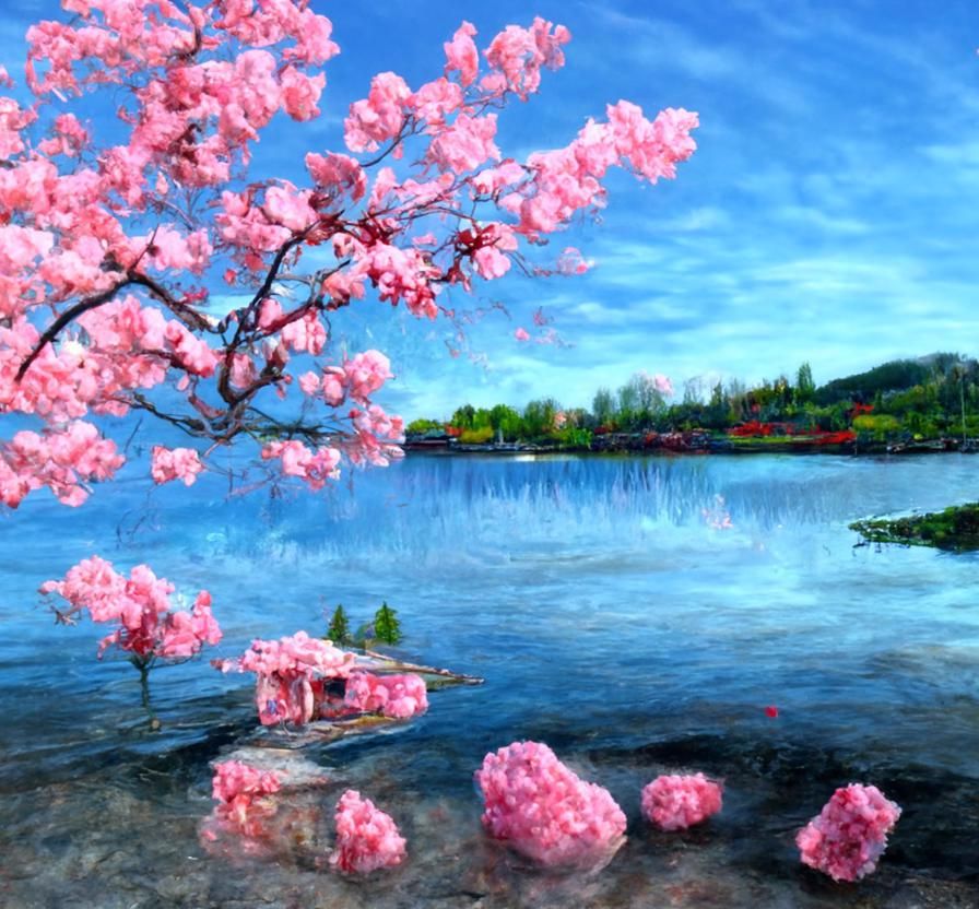 Cherry Blossoms Over Lake: Detailed Oil Painting