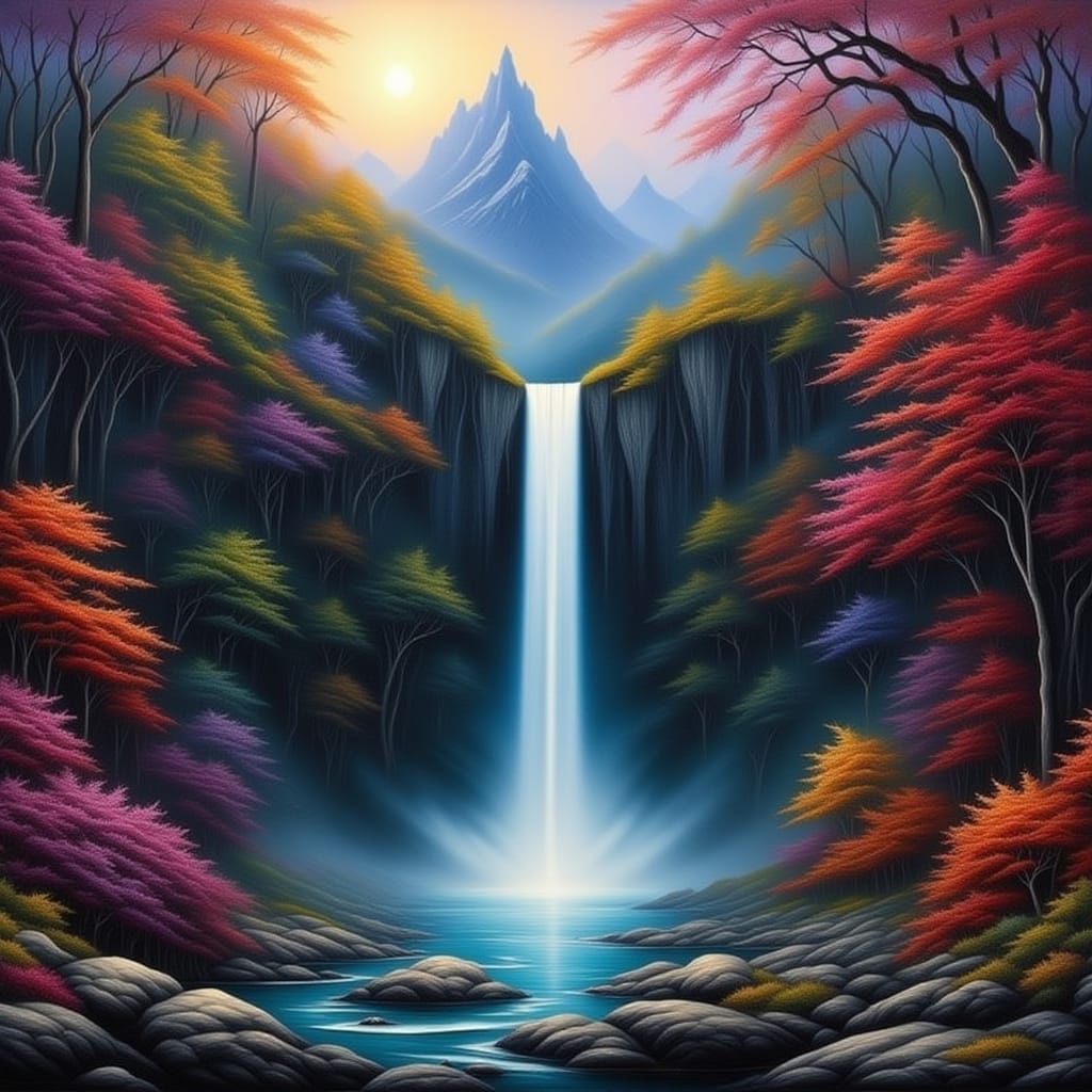 Surreal Mountain Waterfall in Dreamlike Landscape