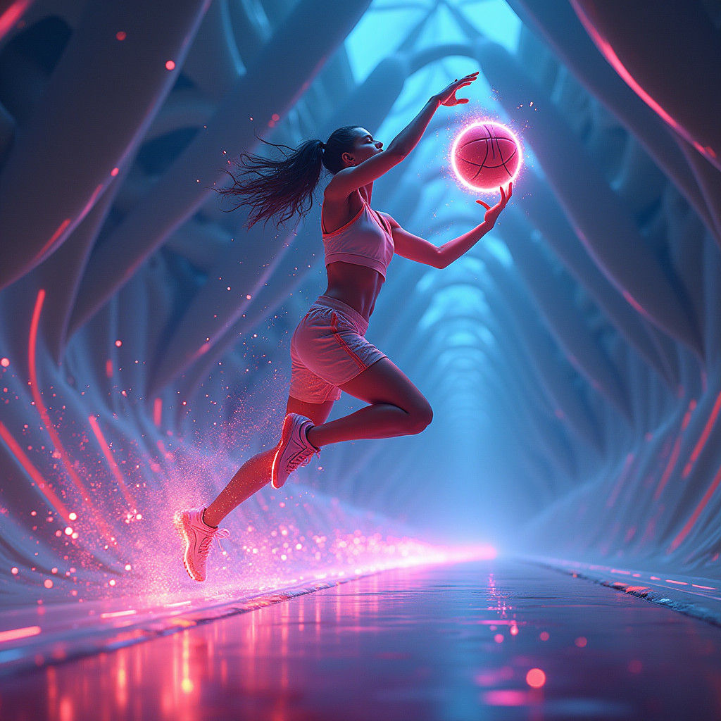 Neon Athlete Dribbling on Mystical Court as Matte Painting