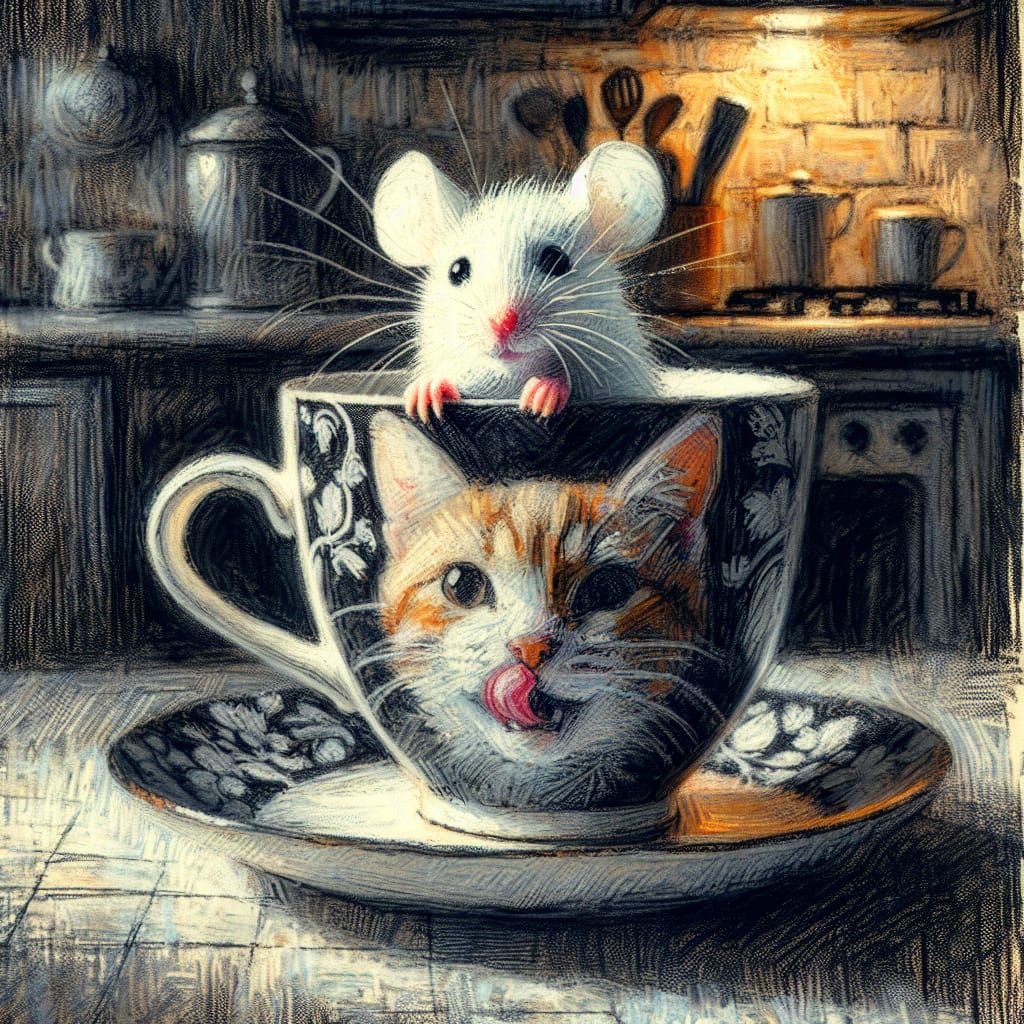 Mouse in Teacup: Painterly Charcoal Sketch
