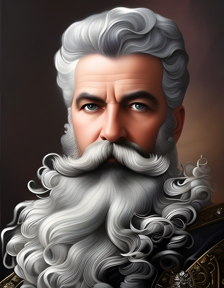 Majestic Man with Swirling Silver Beard, Art Nouveau Oil Pai...