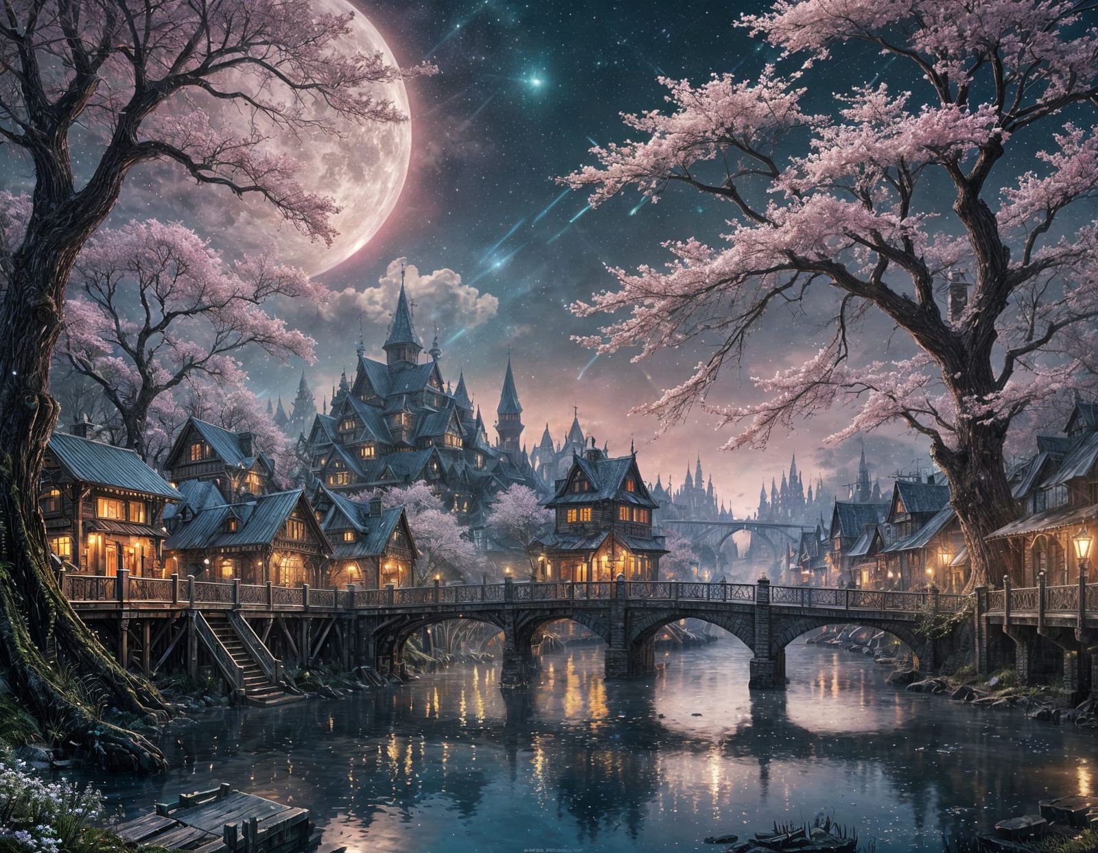 Enchanted Village in Sakura Forest with Nebula Sky