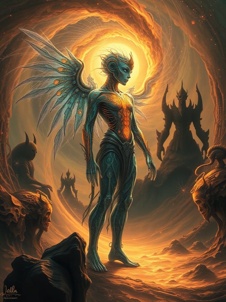 Biometric Being in Dieselpunk Gothic Dreamscape