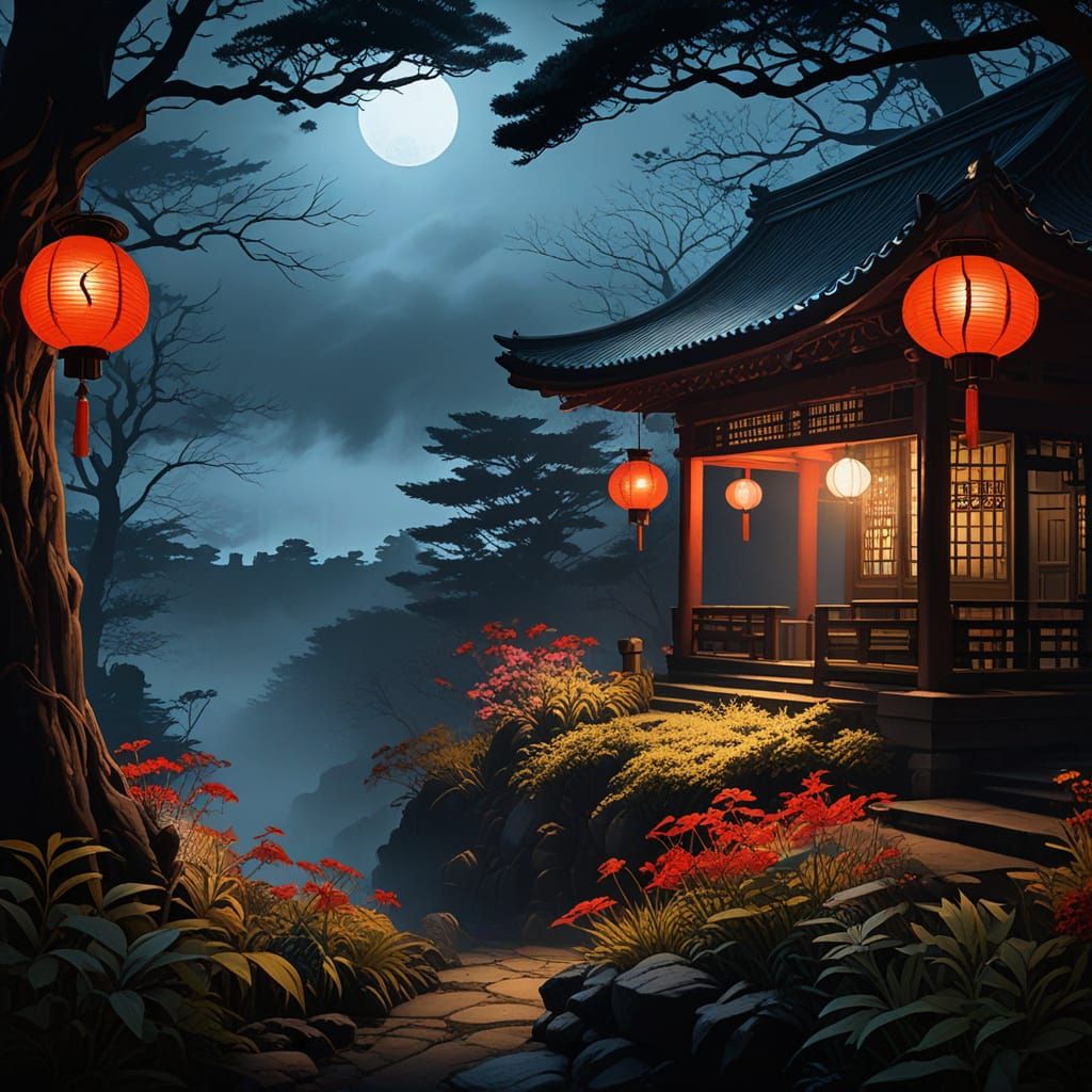 Eerie Ukiyo-e Garden with Glowing Eyes and Sharp Teeth