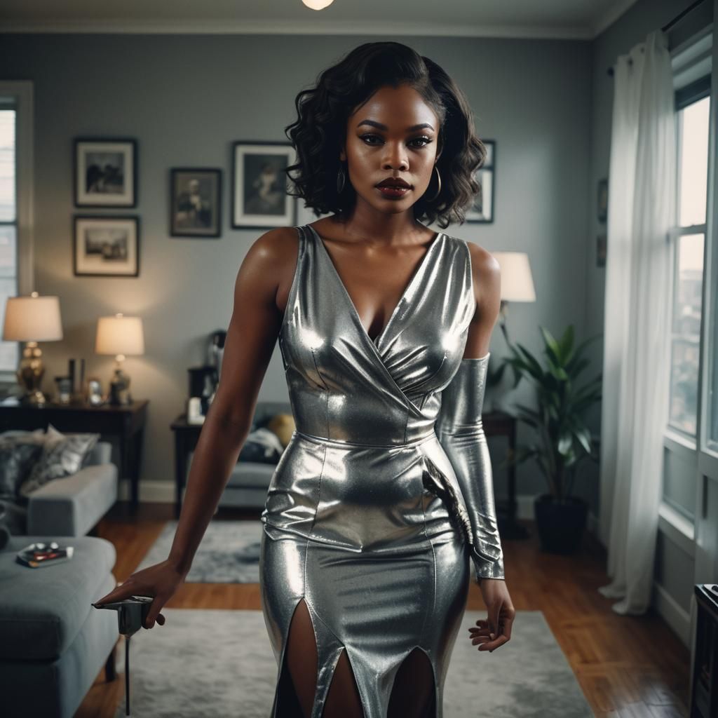 Ebony Woman in Silver Dress: Cinematic Film Still