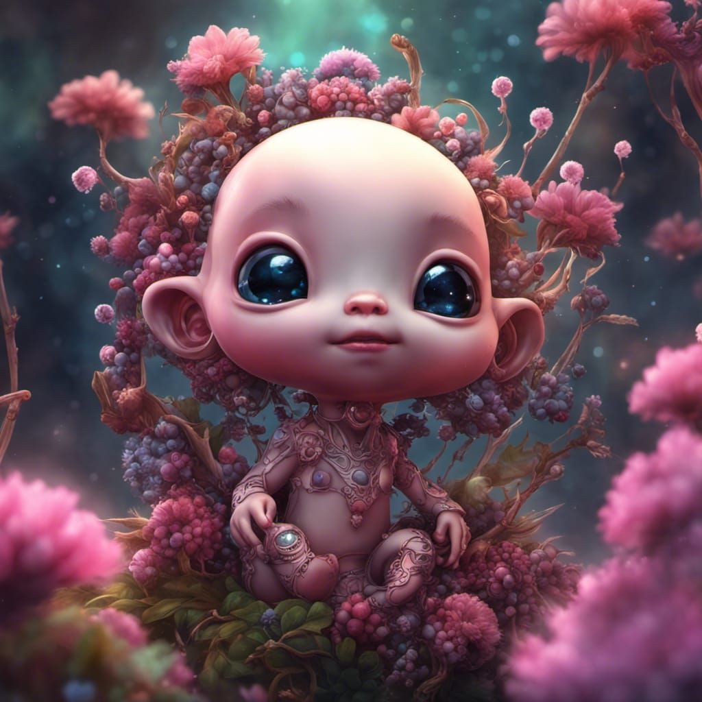 Cute Baby Aliens with Flowers: Alcohol Ink Splatter Style