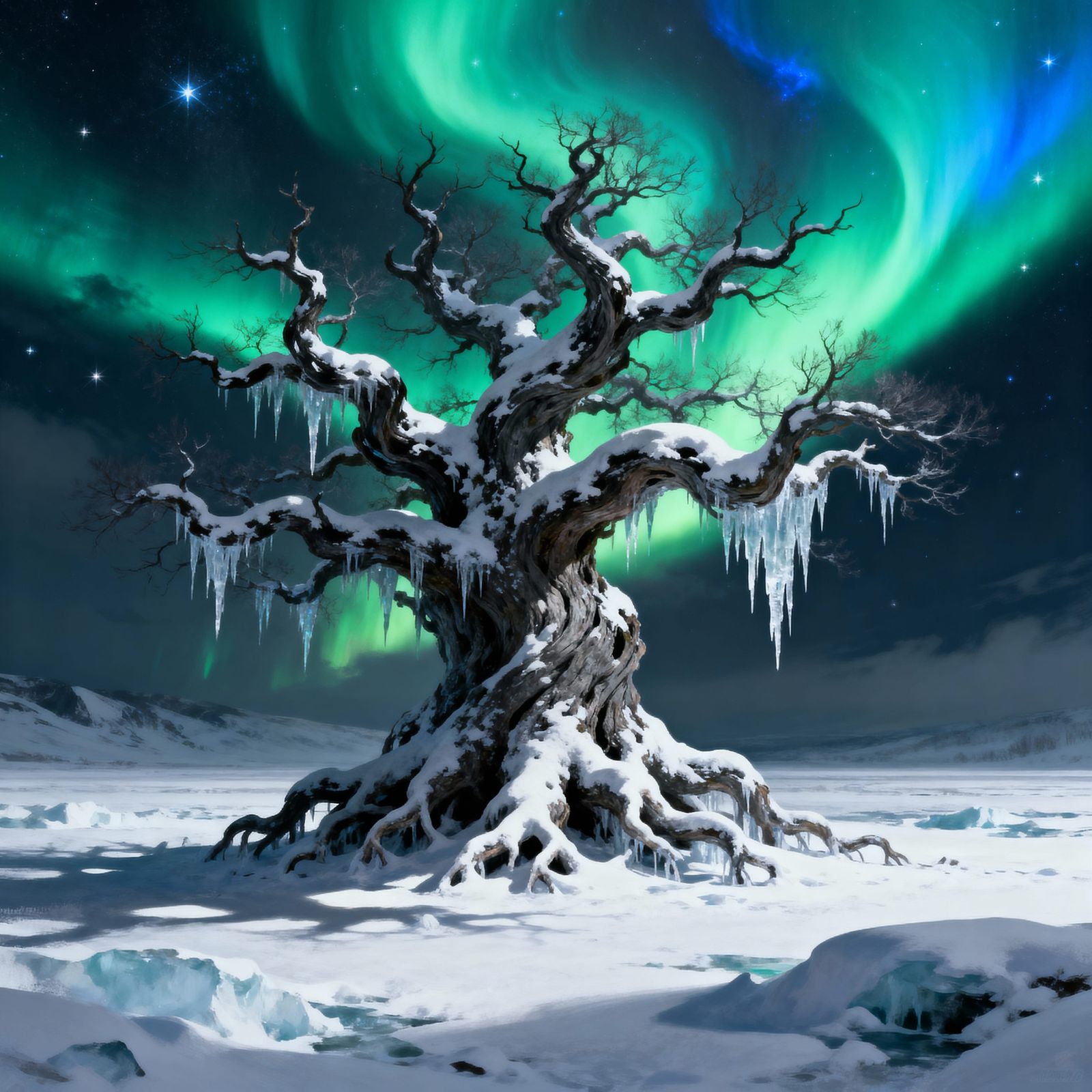 Winter Tree Under Aurora Borealis Sky