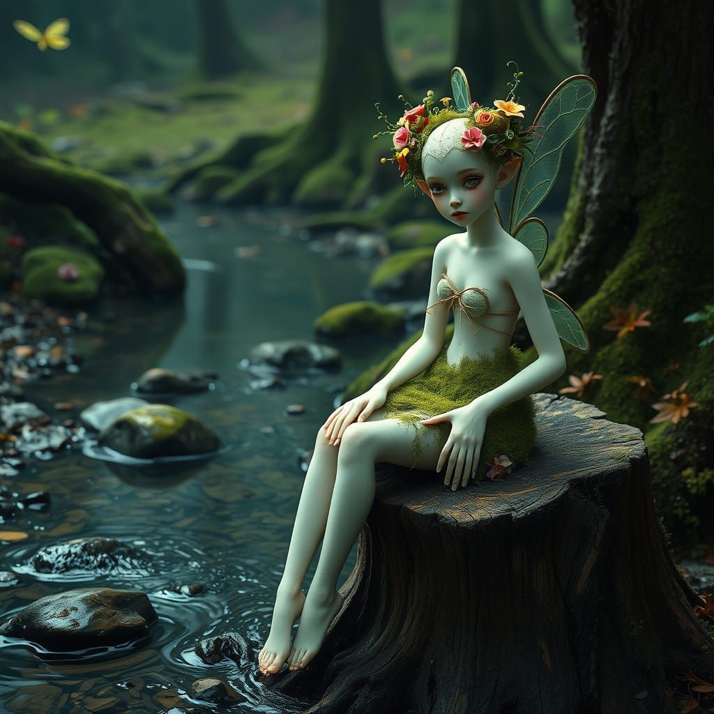 Surreal Fairy Landscape with Serene, Slender Fairy