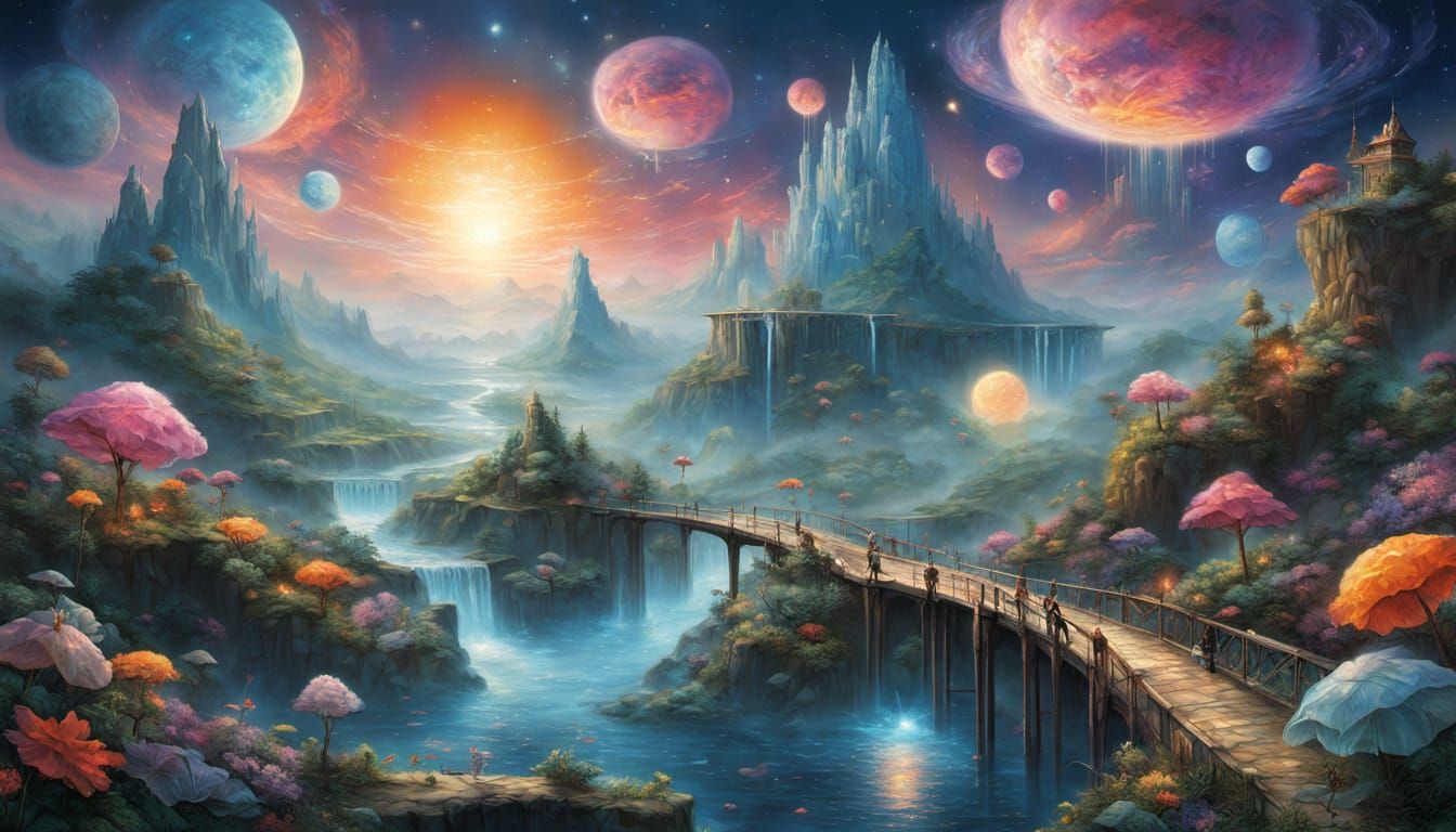 Floating Cloud Islands With Moonlight Bridges