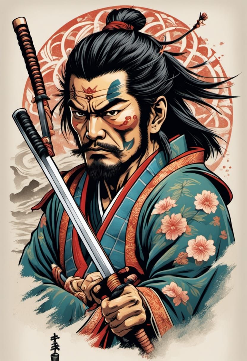 Samurai with Katana in Neo-Traditional Japanese Tattoo Style