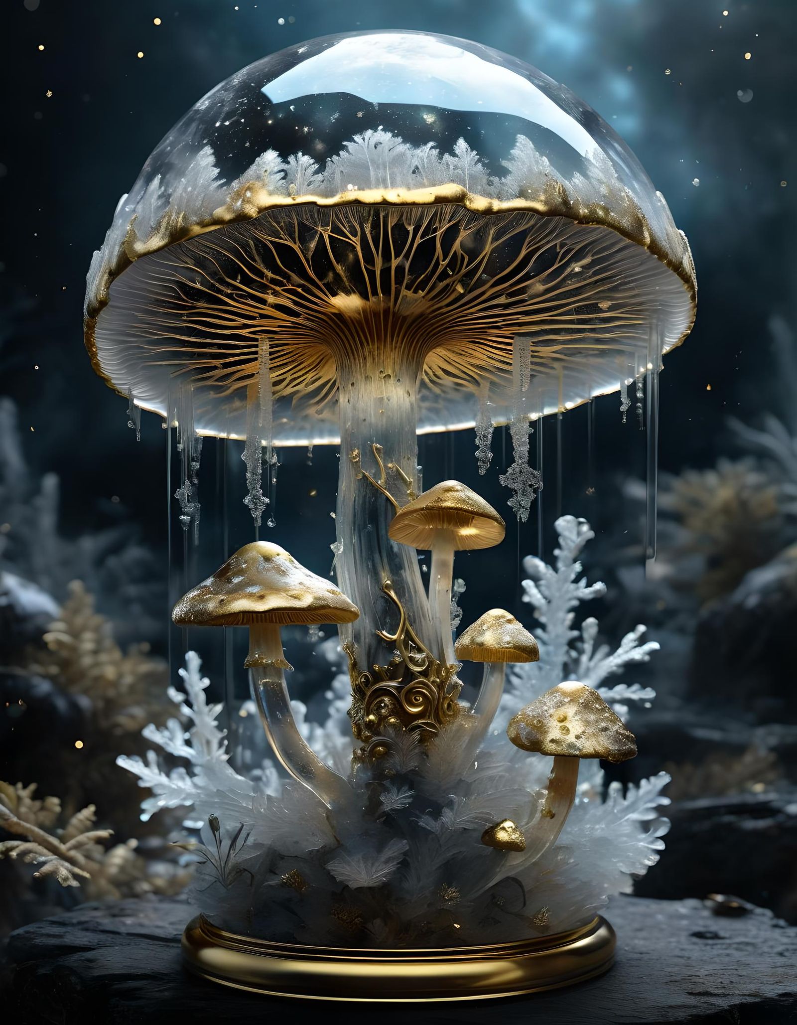 Translucent Ice Mushroom with Gold Fractal Trim