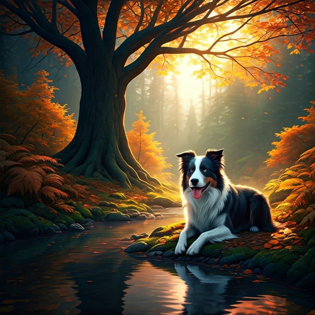 Golden Autumn Forest with Border Collie