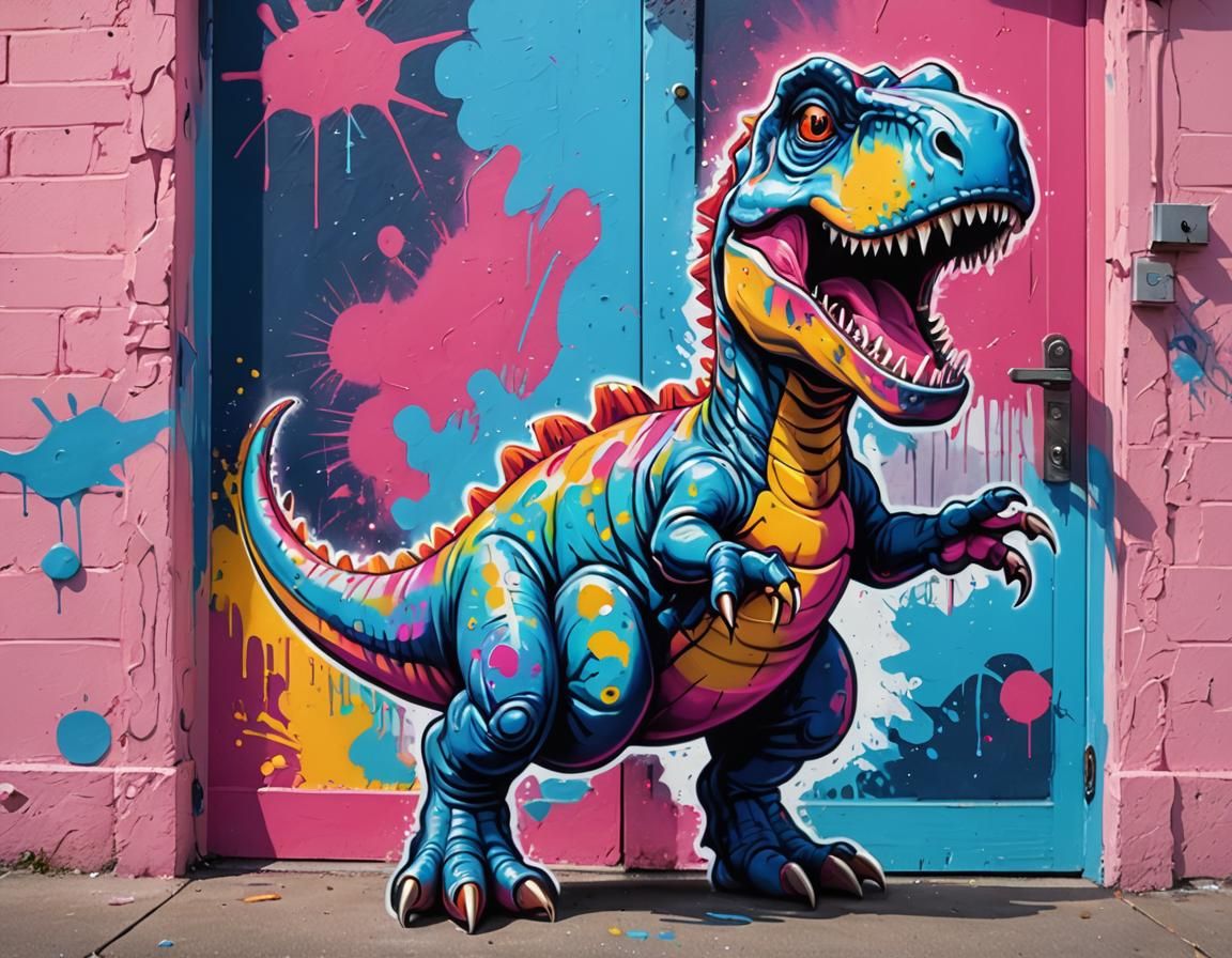 A young T-Rex standing on it's hind legs, smiling at the vie...