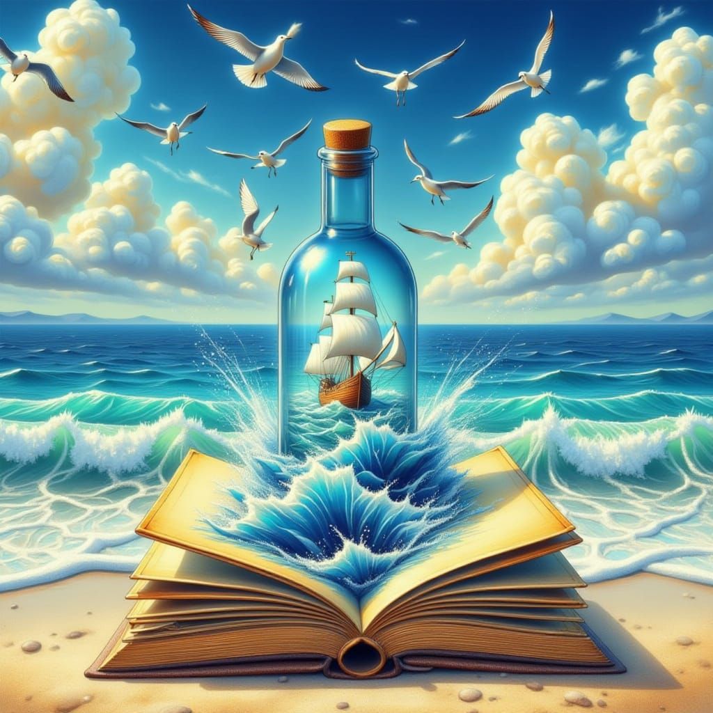 Surreal Beach Scene with Rising Bottle and Ship