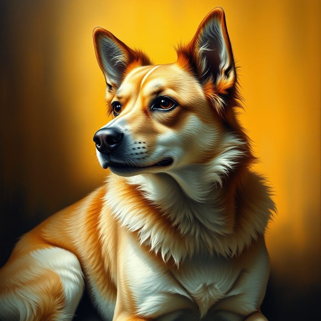 Canine Mona Lisa: Contemplative Dog with Golden Glow