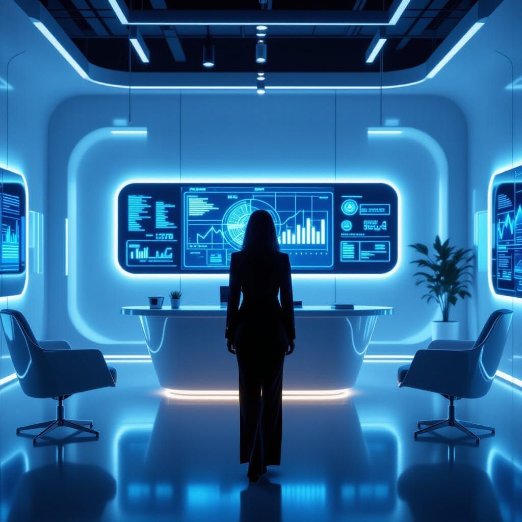 Minimalist Office with Businesswoman and Data Screen