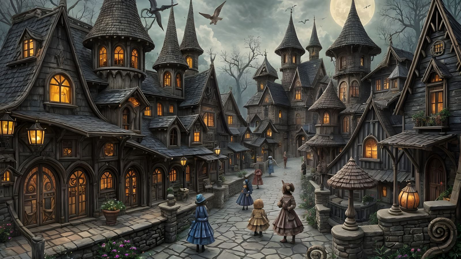 Gothic Spirals: A Whimsical Village Scene