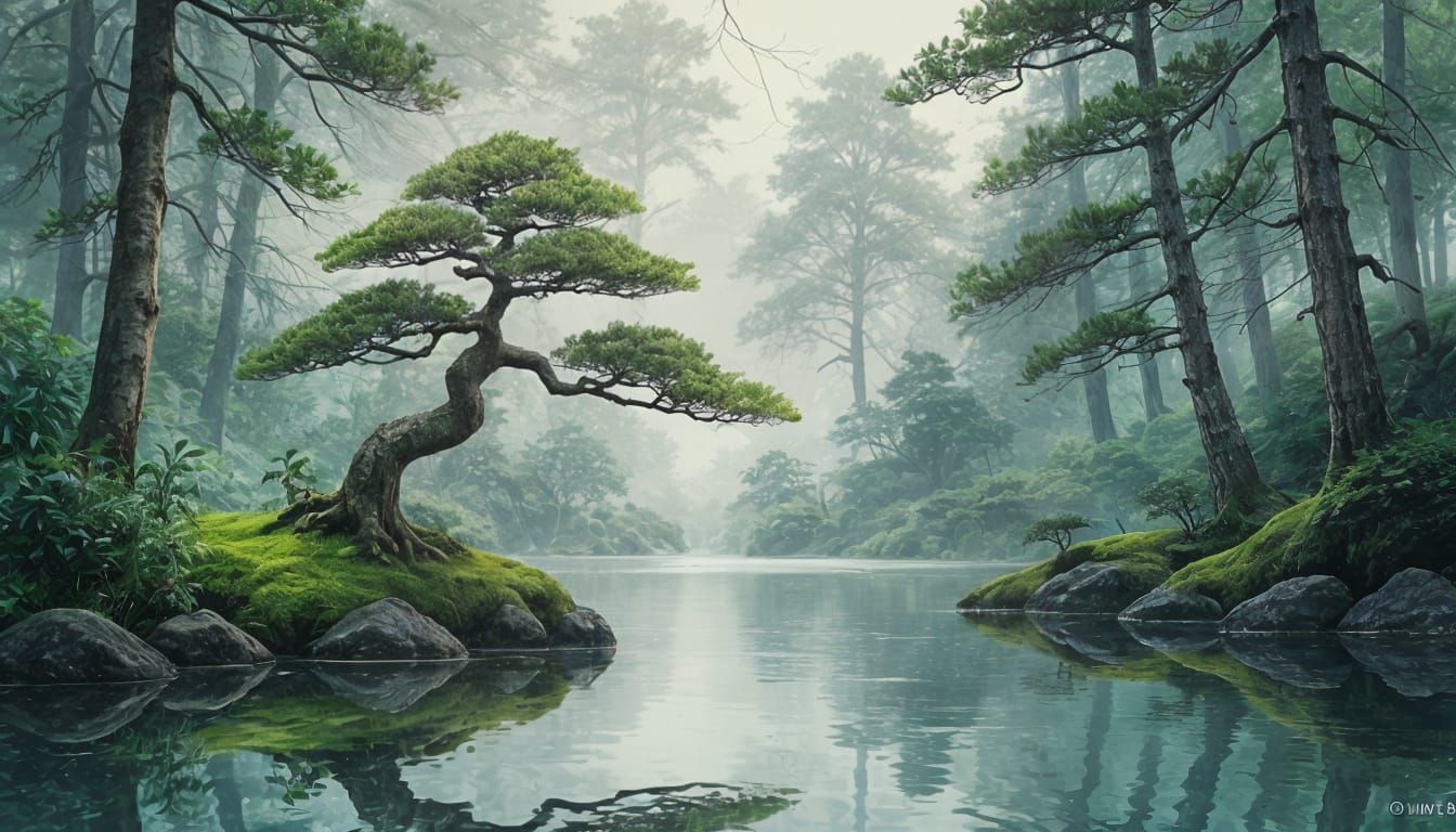 Ancient Bonsai by Still Pond in Ink Wash Style
