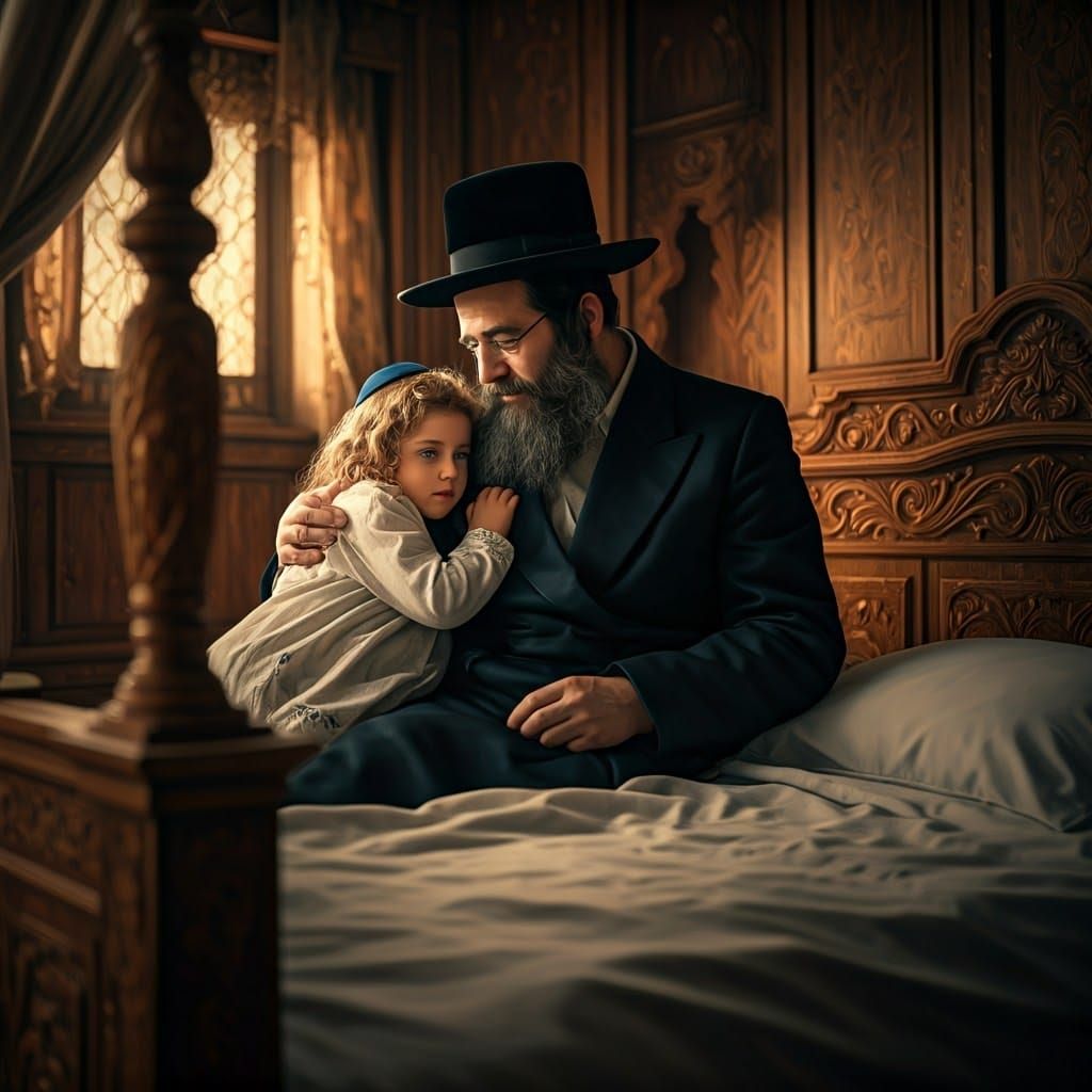 Traditional Jewish Man Cradles Daughter in Warm, Cozy Bedroo...
