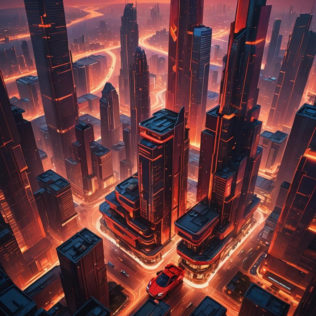 Futuristic Cityscape Reflecting Fiery Sunset in Neon Style
