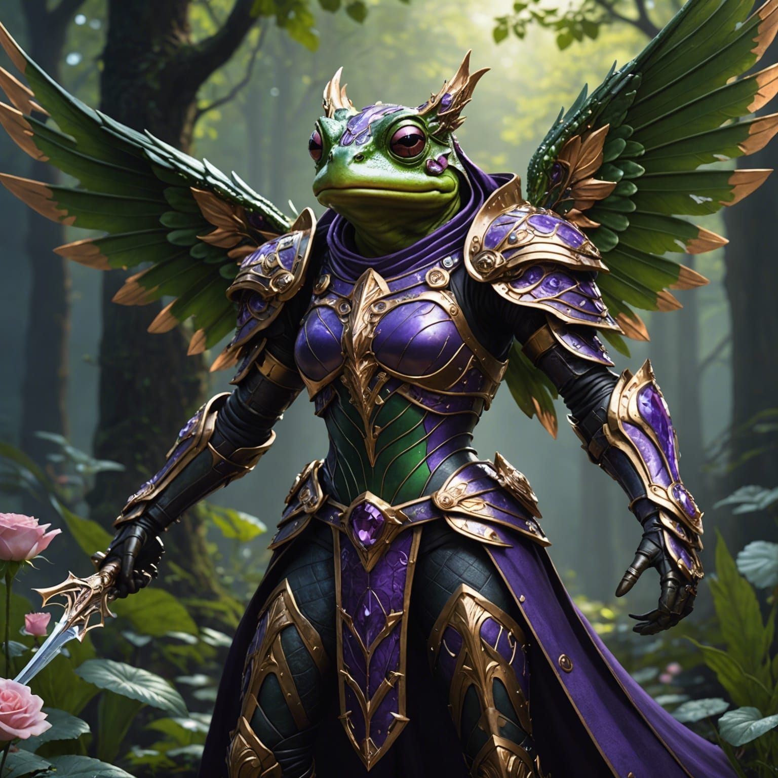 Winged Frog Warrior in Armor: Dark Fantasy Art