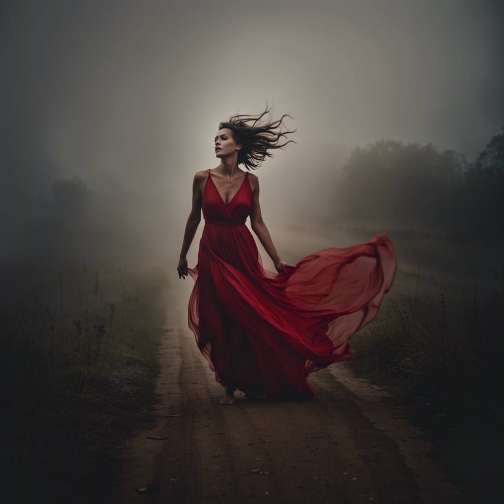 Woman in Red Dress Dancing in Mist